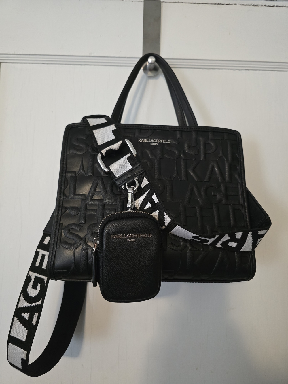 Karl Lagerfeld Paris Black Embossed Tote Bag w/ Detachable Strap & Pouch